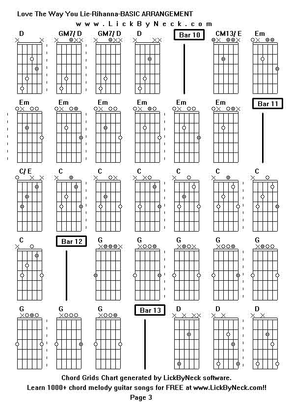 Chord Grids Chart of chord melody fingerstyle guitar song-Love The Way You Lie-Rihanna-BASIC ARRANGEMENT,generated by LickByNeck software.